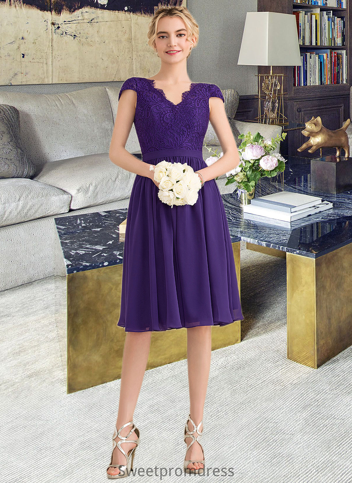 Zion A-Line V-neck Knee-Length Chiffon Lace Bridesmaid Dress DHP0013122