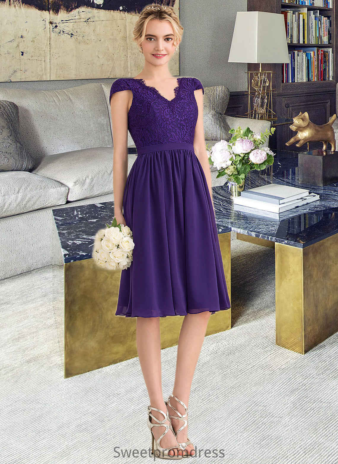 Zion A-Line V-neck Knee-Length Chiffon Lace Bridesmaid Dress DHP0013122