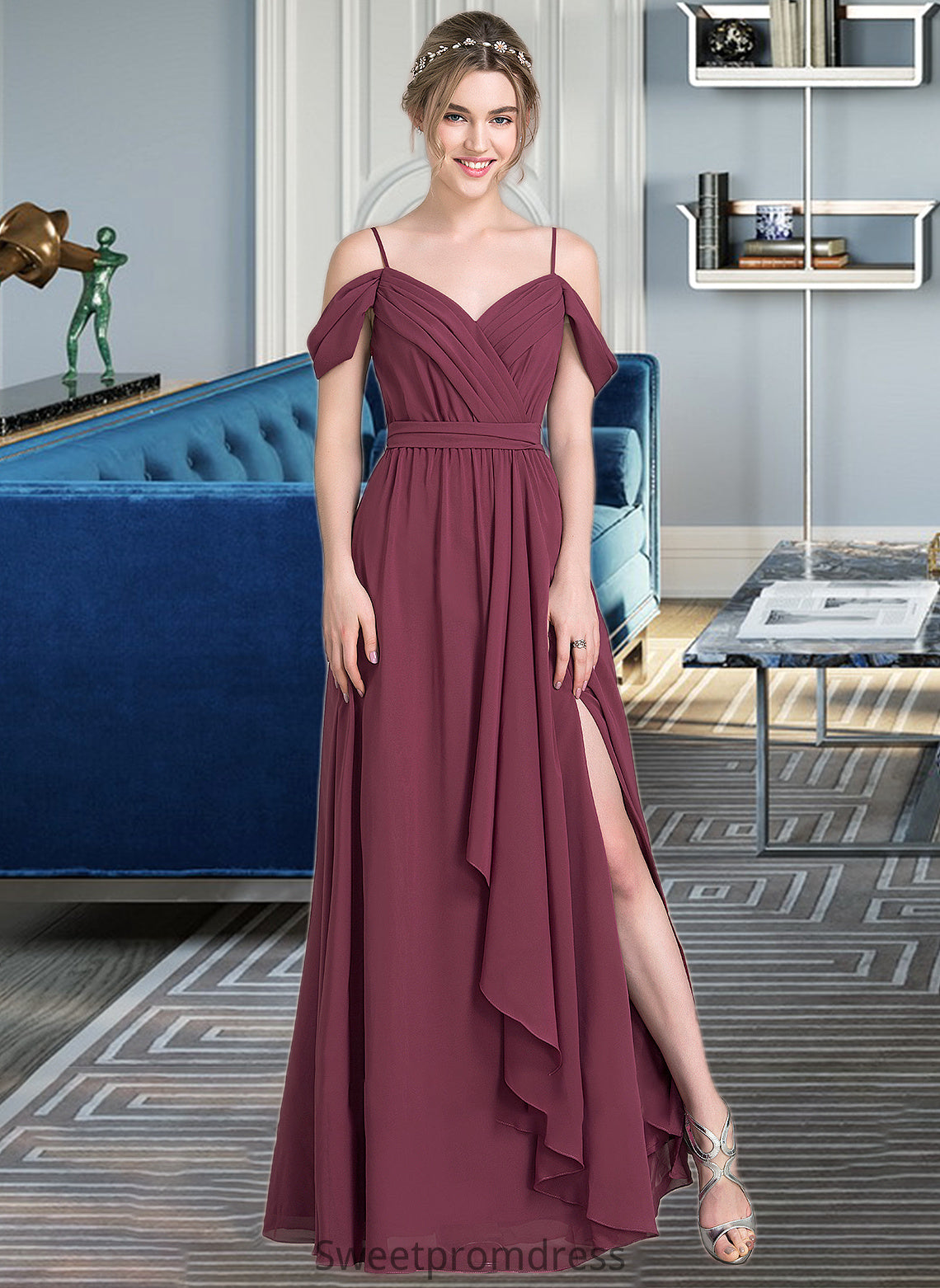 Jasmin A-Line V-neck Floor-Length Chiffon Bridesmaid Dress With Bow(s) Split Front Cascading Ruffles DHP0013123