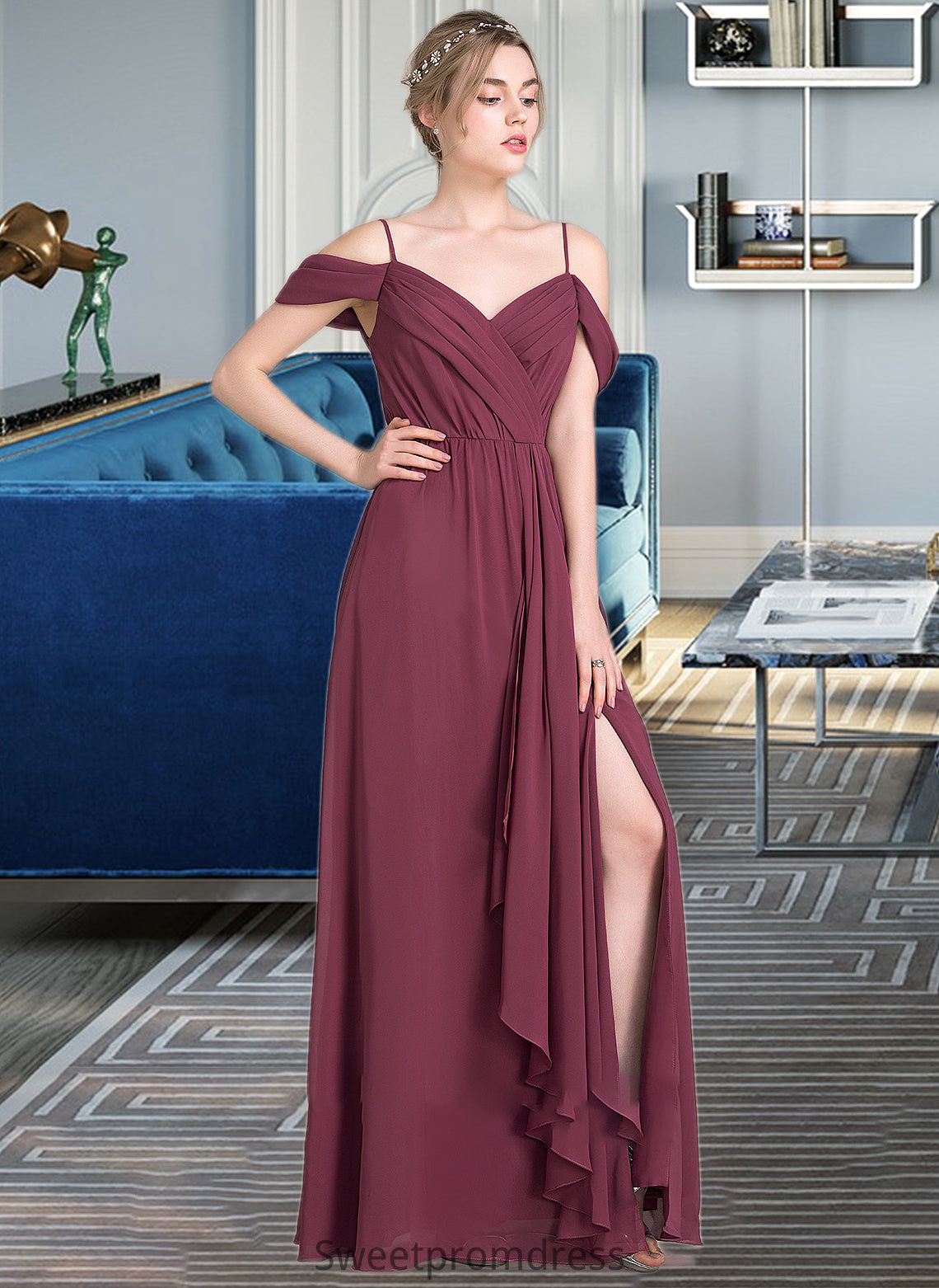 Jasmin A-Line V-neck Floor-Length Chiffon Bridesmaid Dress With Bow(s) Split Front Cascading Ruffles DHP0013123