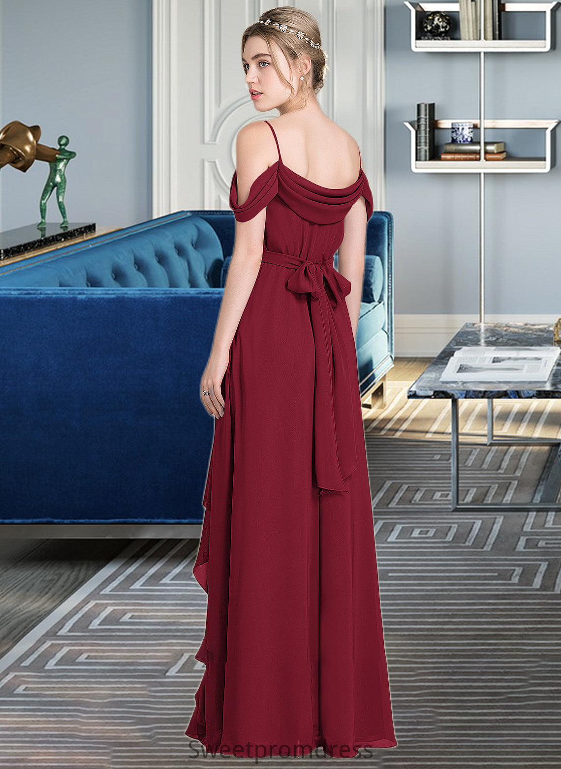 Jasmin A-Line V-neck Floor-Length Chiffon Bridesmaid Dress With Bow(s) Split Front Cascading Ruffles DHP0013123