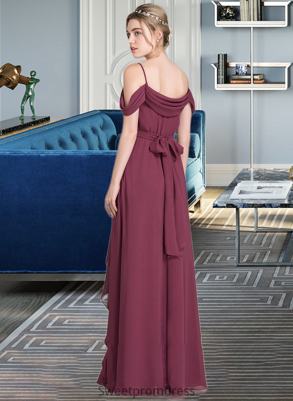 Jasmin A-Line V-neck Floor-Length Chiffon Bridesmaid Dress With Bow(s) Split Front Cascading Ruffles DHP0013123