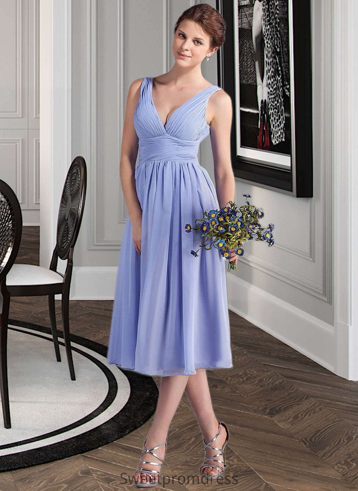 Naima A-Line V-neck Tea-Length Chiffon Bridesmaid Dress With Ruffle DHP0013125