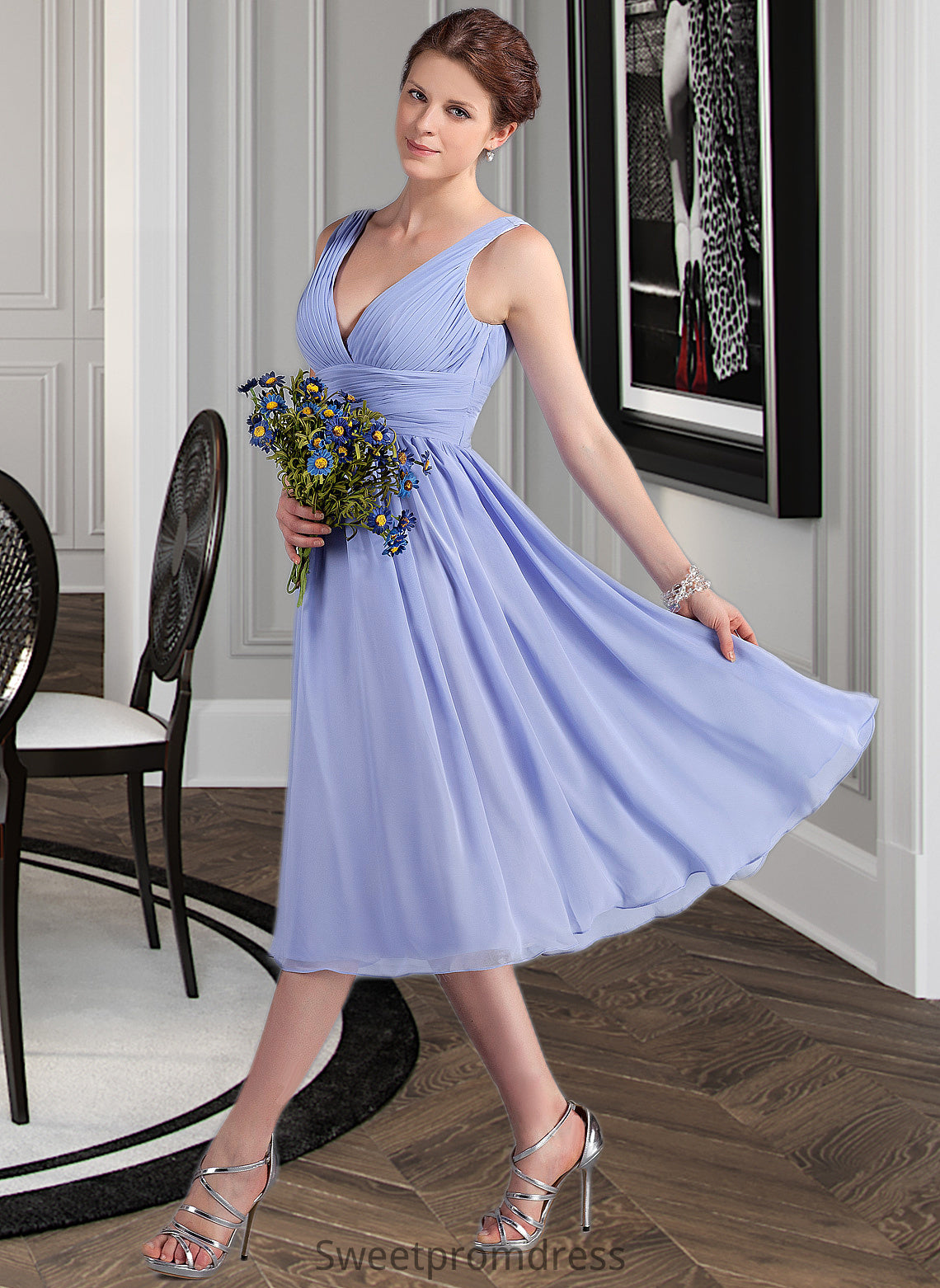 Naima A-Line V-neck Tea-Length Chiffon Bridesmaid Dress With Ruffle DHP0013125