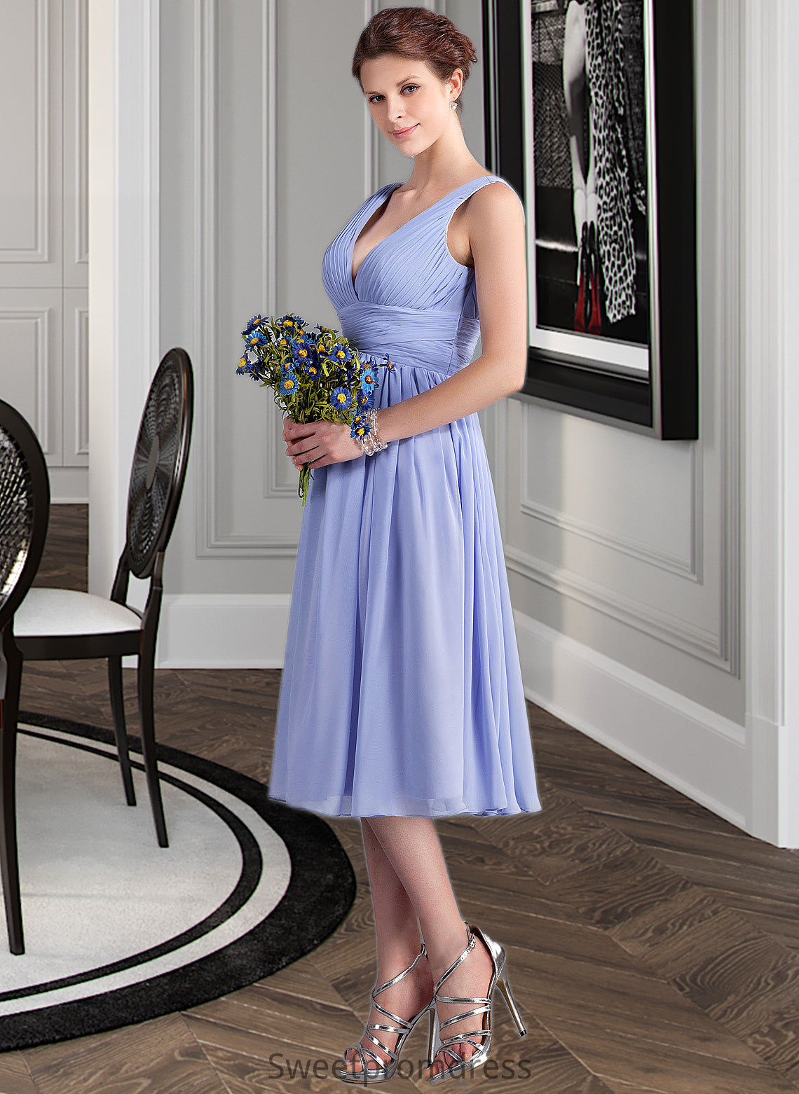 Naima A-Line V-neck Tea-Length Chiffon Bridesmaid Dress With Ruffle DHP0013125