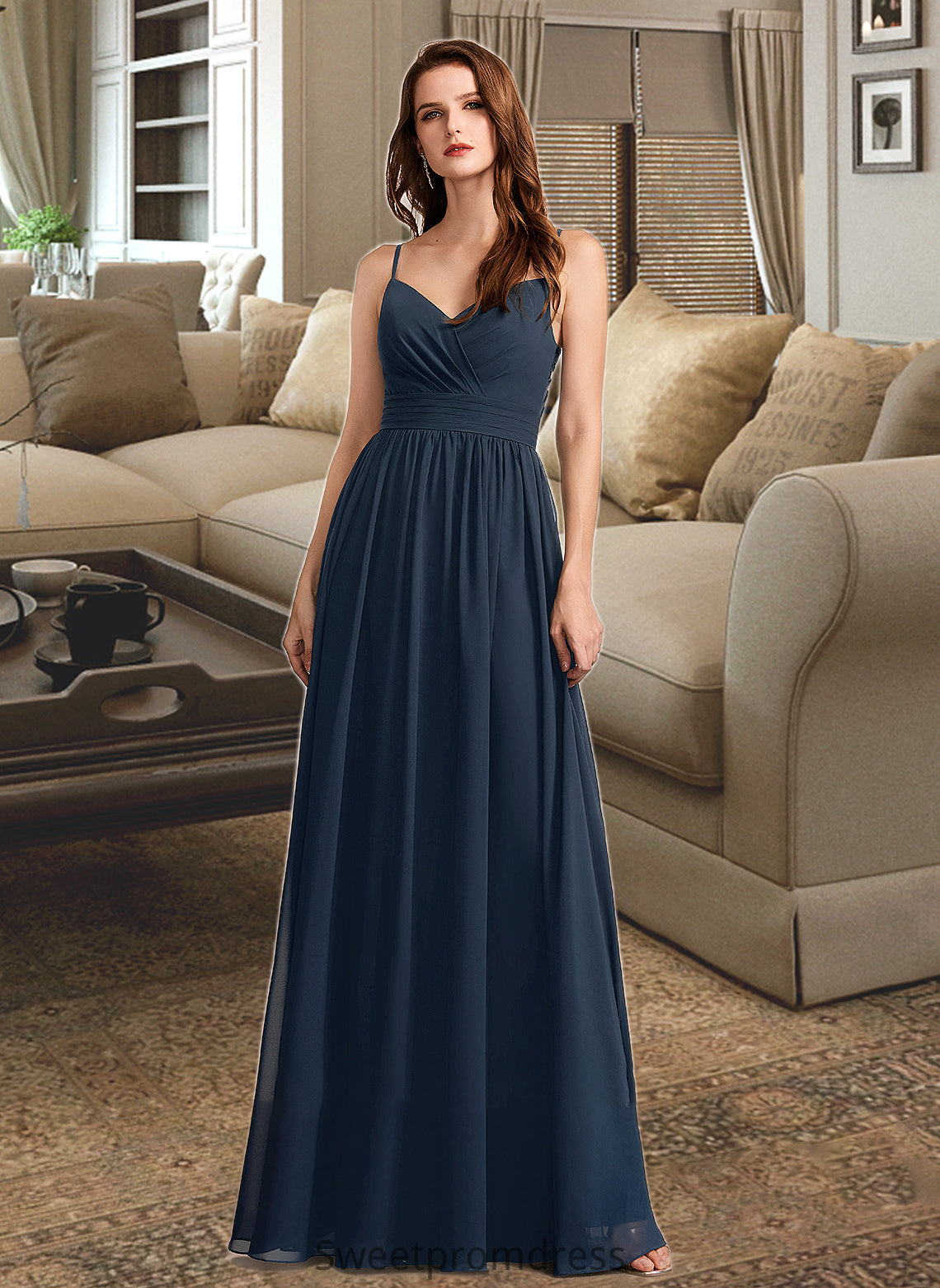 Alicia A-Line V-neck Floor-Length Bridesmaid Dress With Lace DHP0013127