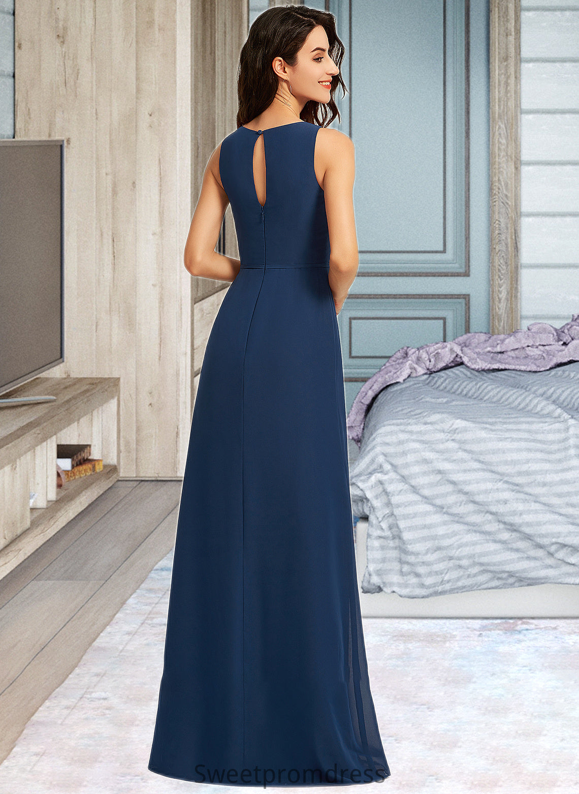 Abbie A-Line Scoop Neck Floor-Length Bridesmaid Dress With Split Front DHP0013128