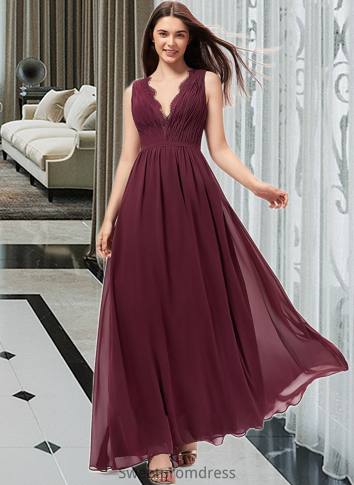 Peggie A-Line V-neck Floor-Length Chiffon Bridesmaid Dress With Ruffle Lace DHP0013129