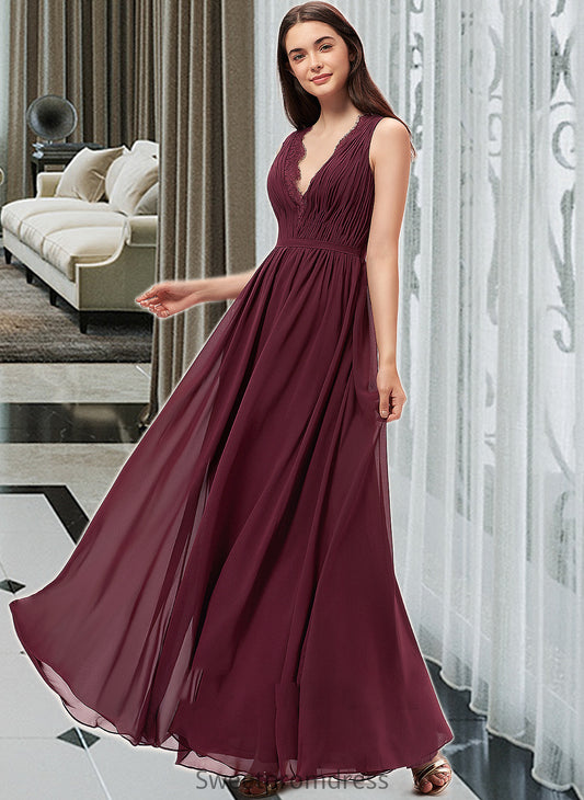 Peggie A-Line V-neck Floor-Length Chiffon Bridesmaid Dress With Ruffle Lace DHP0013129