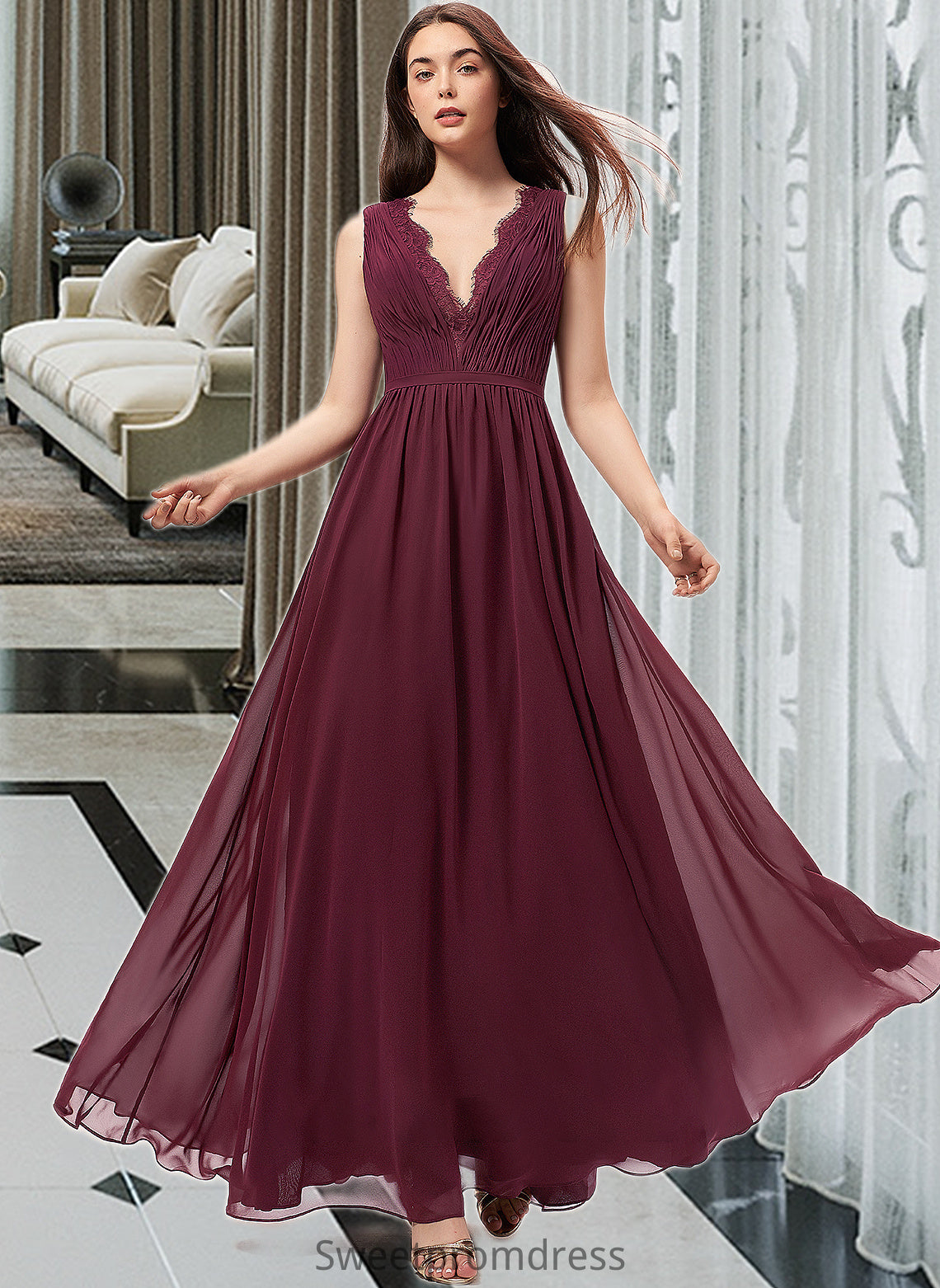 Peggie A-Line V-neck Floor-Length Chiffon Bridesmaid Dress With Ruffle Lace DHP0013129