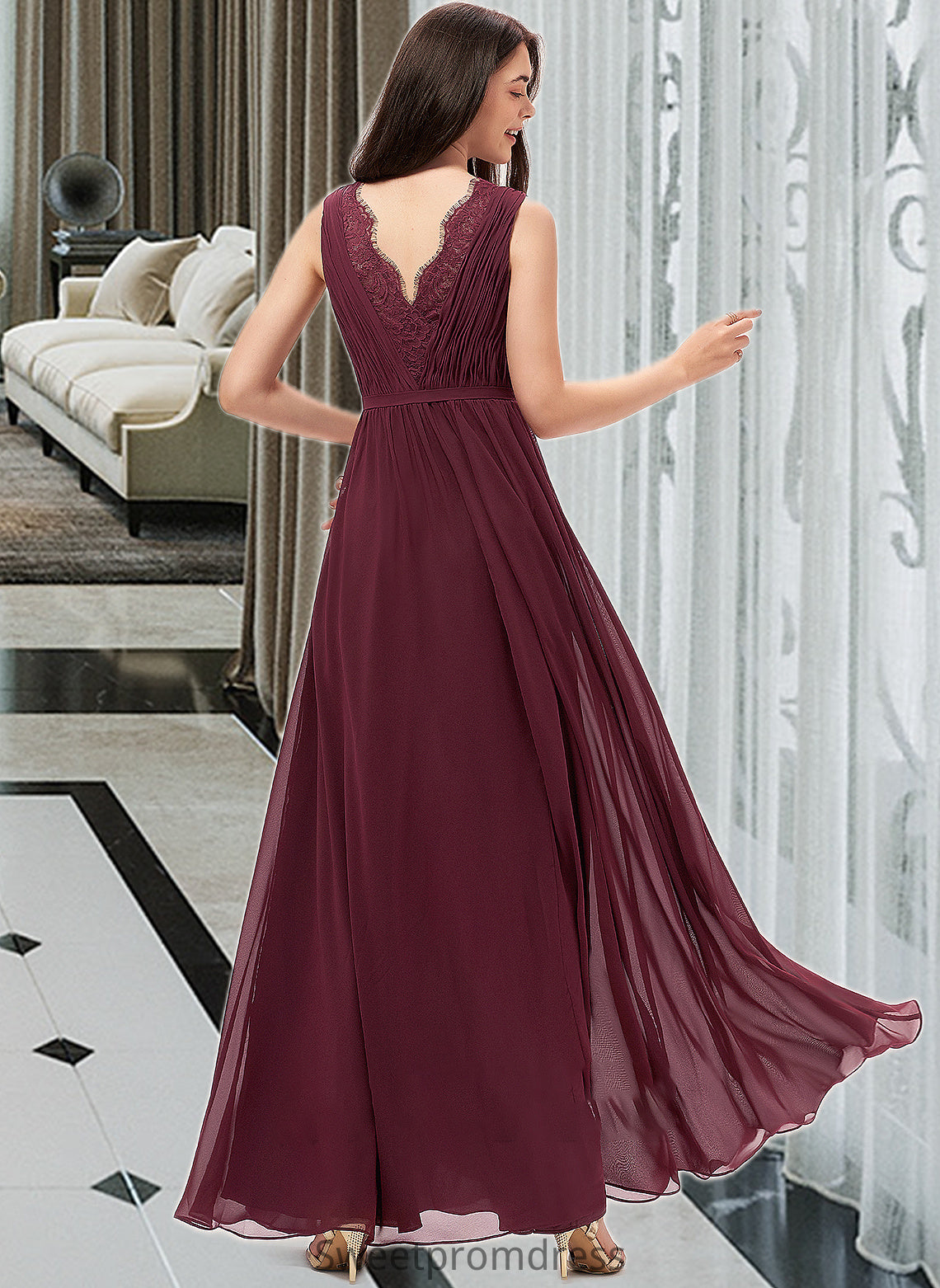 Peggie A-Line V-neck Floor-Length Chiffon Bridesmaid Dress With Ruffle Lace DHP0013129