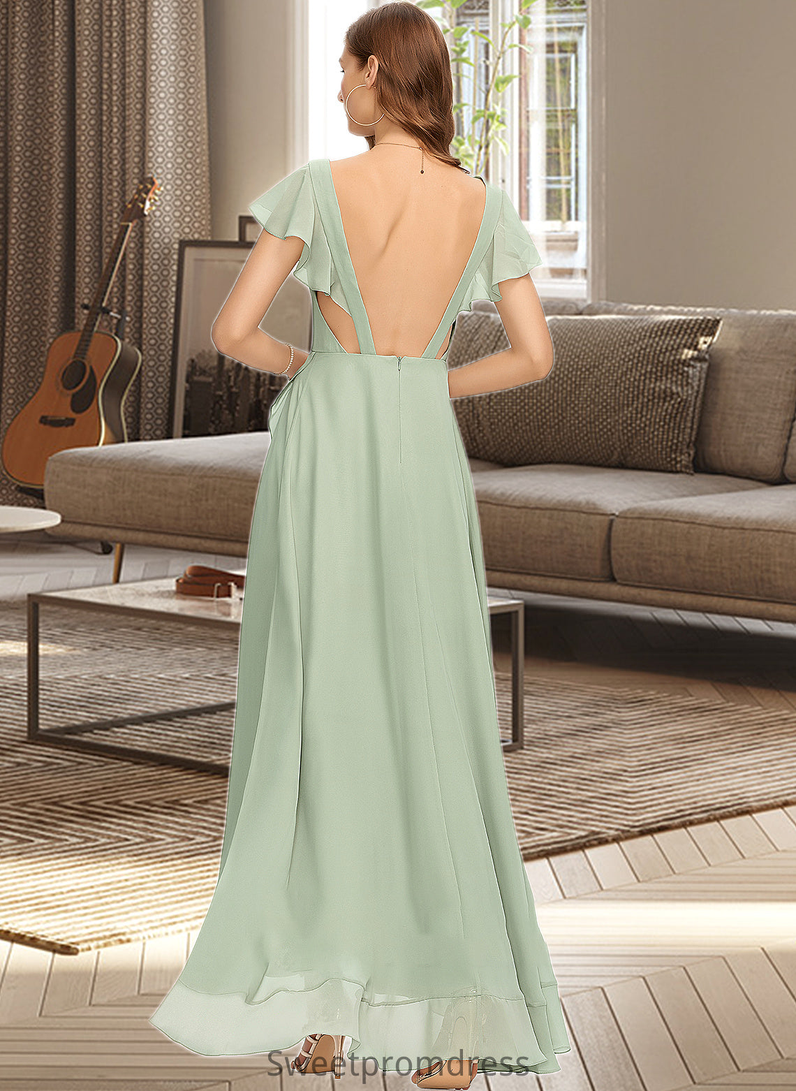 Essence A-Line V-neck Asymmetrical Chiffon Bridesmaid Dress With Cascading Ruffles DHP0013130