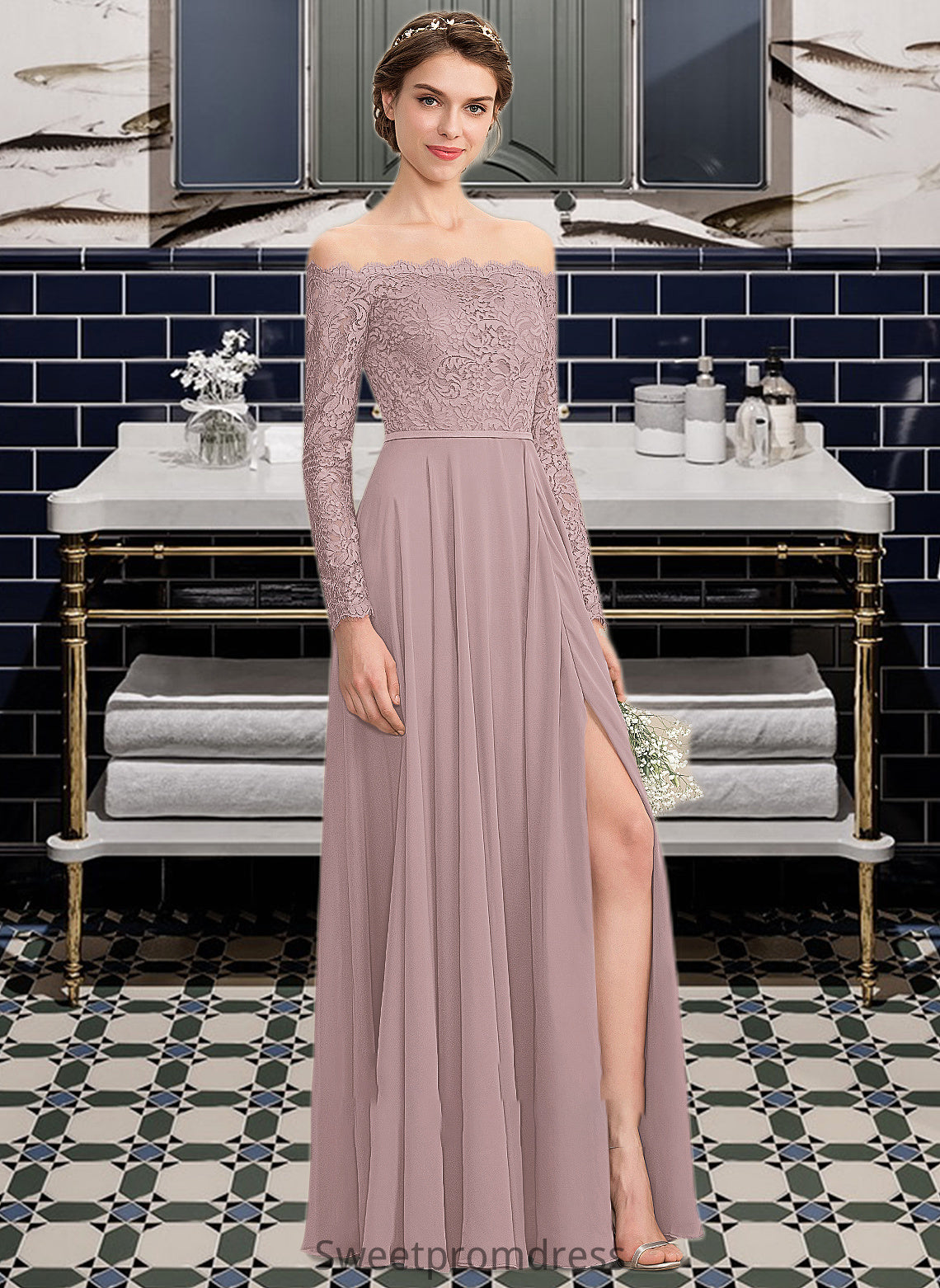 Lucinda A-Line Off-the-Shoulder Floor-Length Chiffon Lace Bridesmaid Dress With Split Front DHP0013131