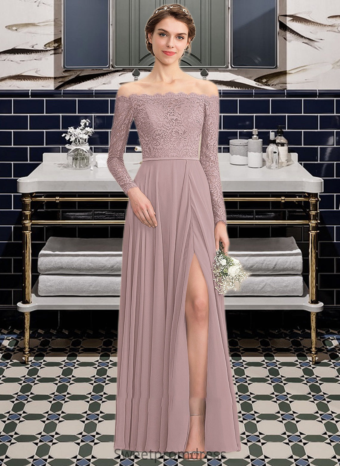 Lucinda A-Line Off-the-Shoulder Floor-Length Chiffon Lace Bridesmaid Dress With Split Front DHP0013131