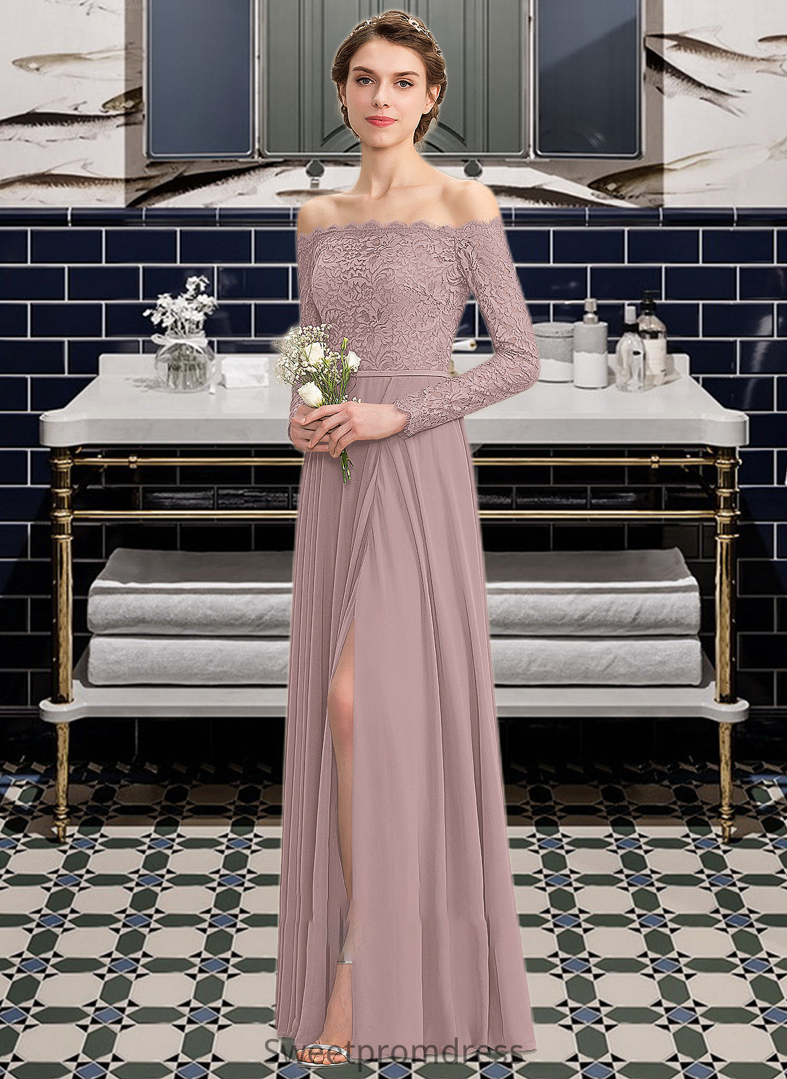 Lucinda A-Line Off-the-Shoulder Floor-Length Chiffon Lace Bridesmaid Dress With Split Front DHP0013131