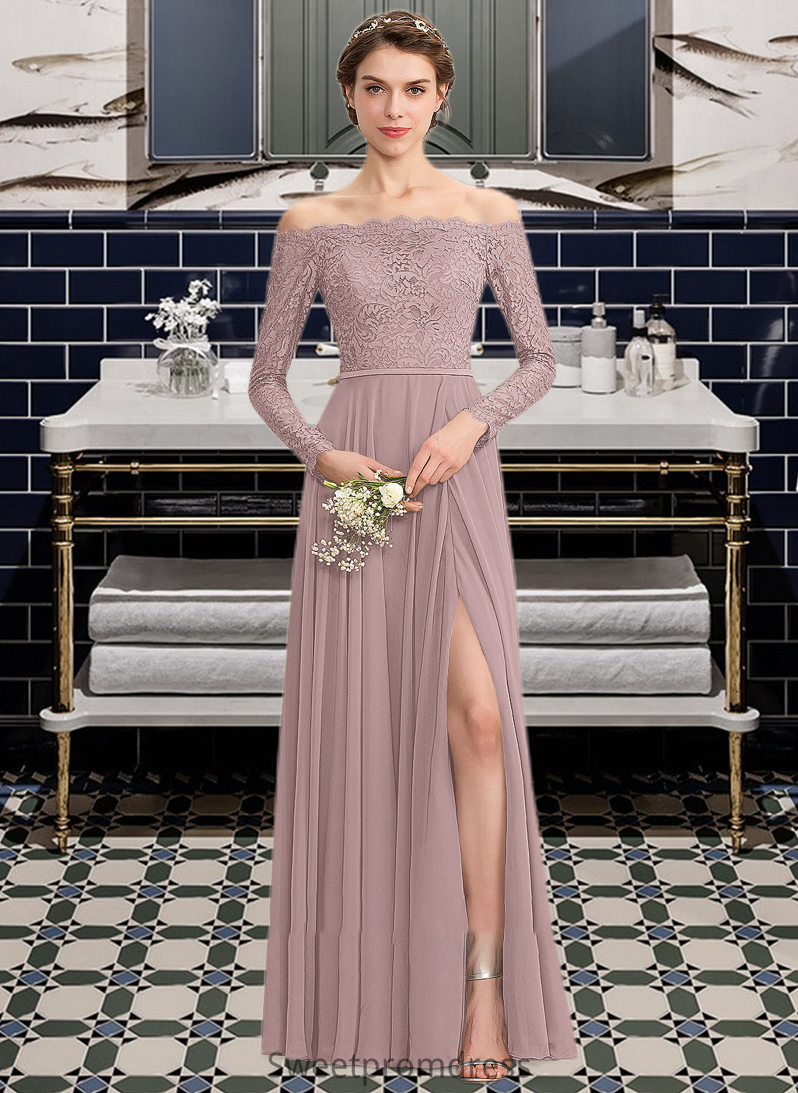 Lucinda A-Line Off-the-Shoulder Floor-Length Chiffon Lace Bridesmaid Dress With Split Front DHP0013131