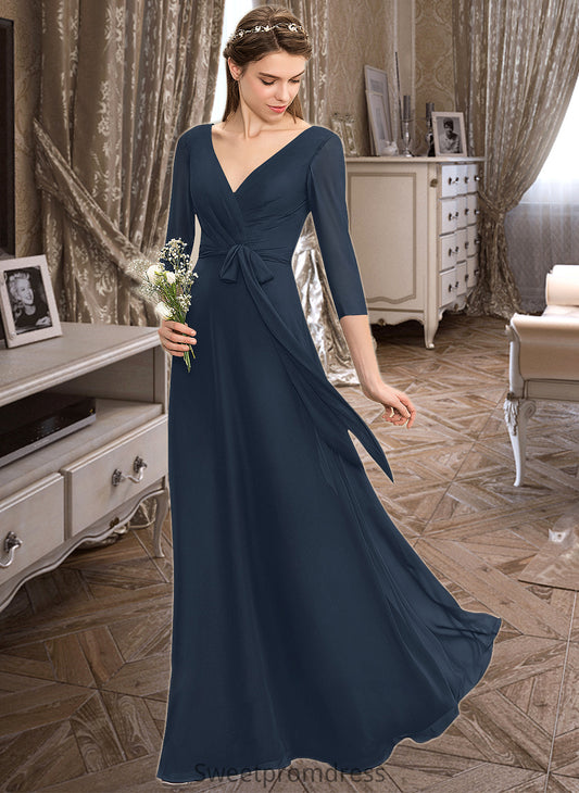 April A-Line V-neck Floor-Length Chiffon Bridesmaid Dress With Ruffle Bow(s) DHP0013132