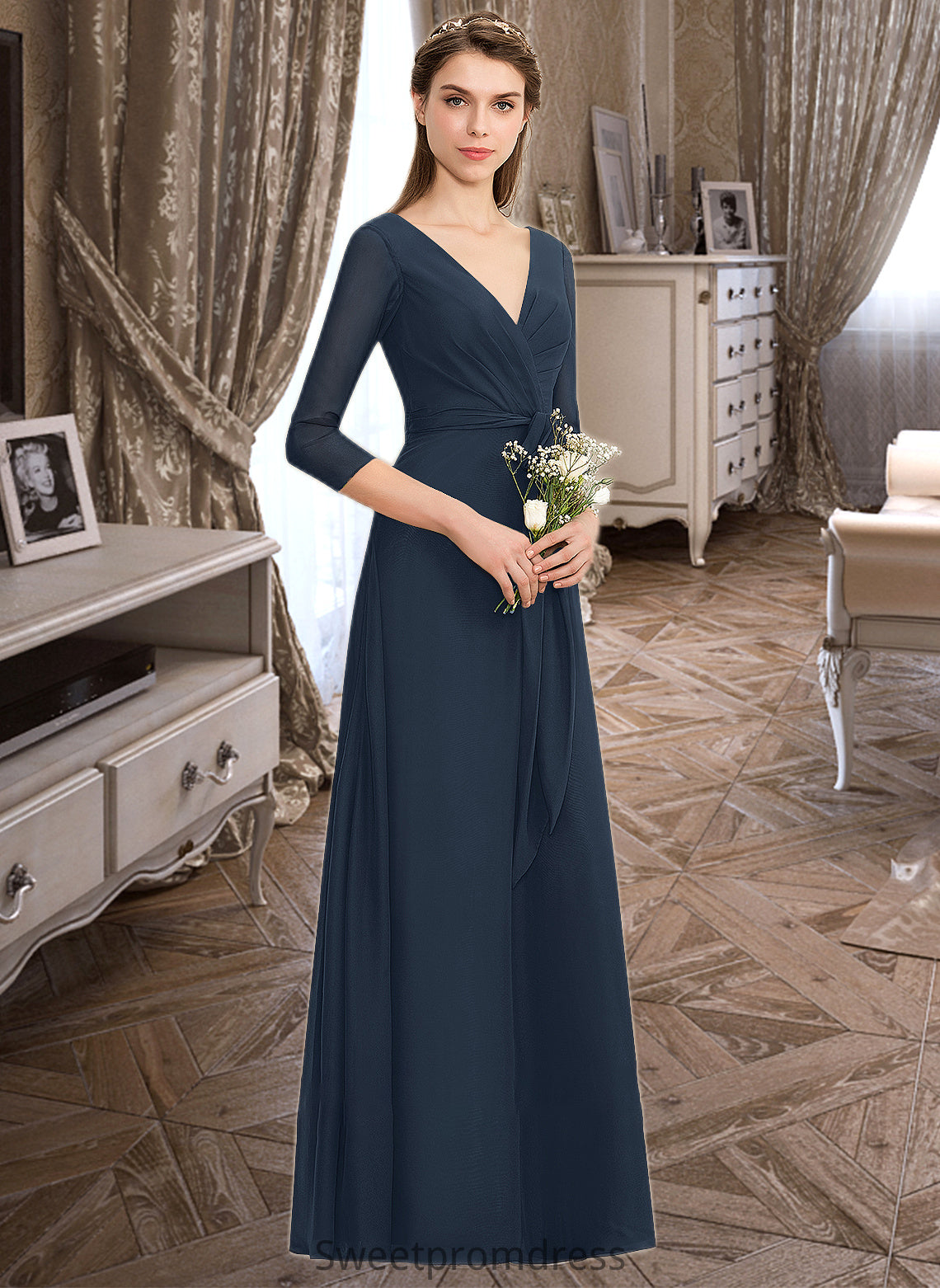 April A-Line V-neck Floor-Length Chiffon Bridesmaid Dress With Ruffle Bow(s) DHP0013132