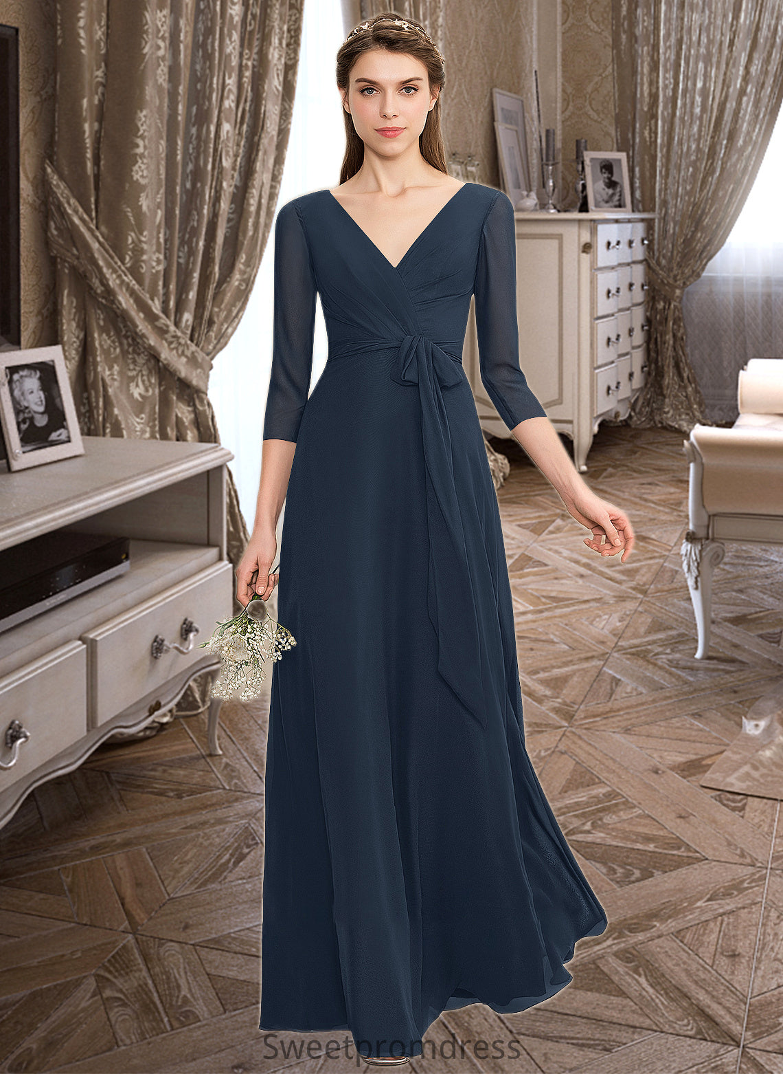 April A-Line V-neck Floor-Length Chiffon Bridesmaid Dress With Ruffle Bow(s) DHP0013132