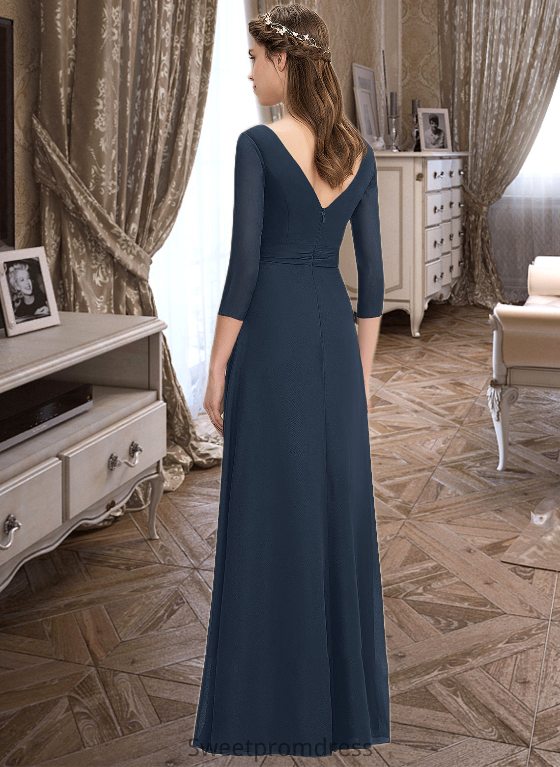 April A-Line V-neck Floor-Length Chiffon Bridesmaid Dress With Ruffle Bow(s) DHP0013132