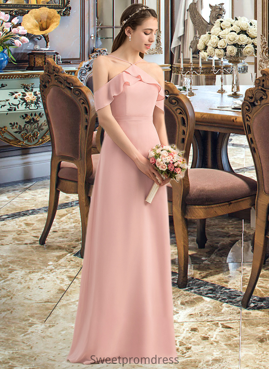 Lola A-Line V-neck Floor-Length Chiffon Bridesmaid Dress With Bow(s) Cascading Ruffles DHP0013134