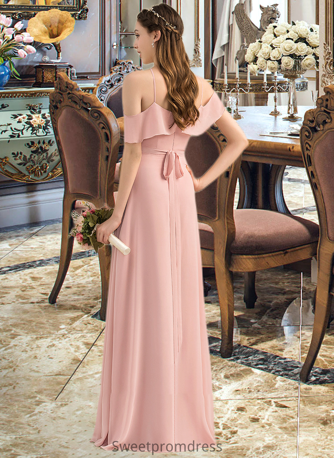 Lola A-Line V-neck Floor-Length Chiffon Bridesmaid Dress With Bow(s) Cascading Ruffles DHP0013134