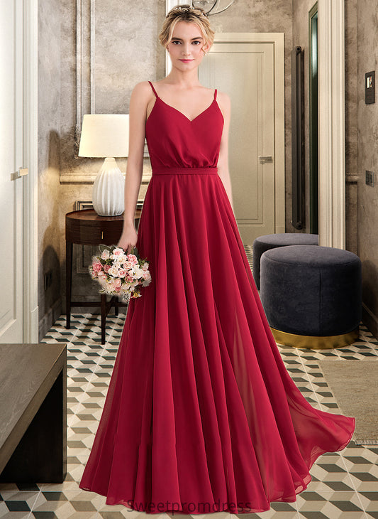 Elena A-Line V-neck Floor-Length Chiffon Bridesmaid Dress With Bow(s) DHP0013135