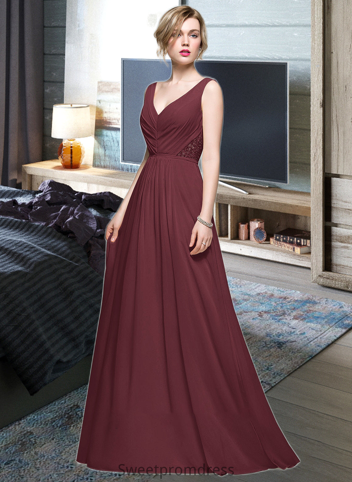 Tiffany A-Line V-neck Floor-Length Chiffon Bridesmaid Dress With Ruffle Lace Beading Sequins DHP0013136