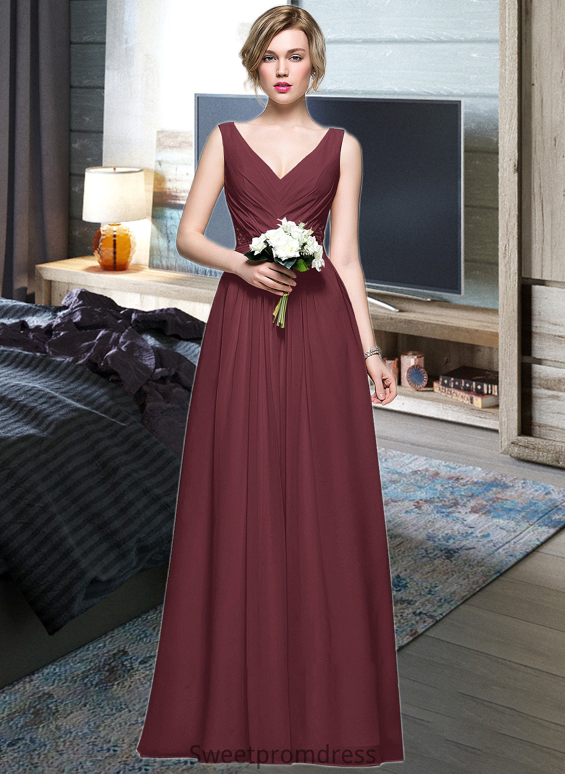 Tiffany A-Line V-neck Floor-Length Chiffon Bridesmaid Dress With Ruffle Lace Beading Sequins DHP0013136