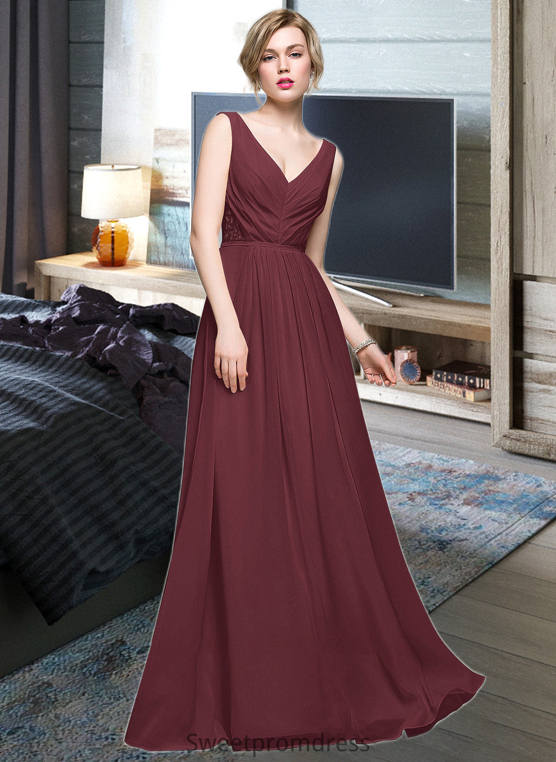 Tiffany A-Line V-neck Floor-Length Chiffon Bridesmaid Dress With Ruffle Lace Beading Sequins DHP0013136