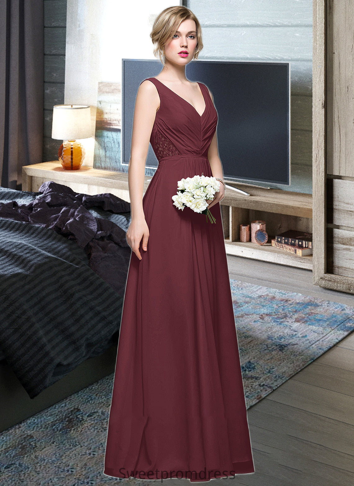 Tiffany A-Line V-neck Floor-Length Chiffon Bridesmaid Dress With Ruffle Lace Beading Sequins DHP0013136