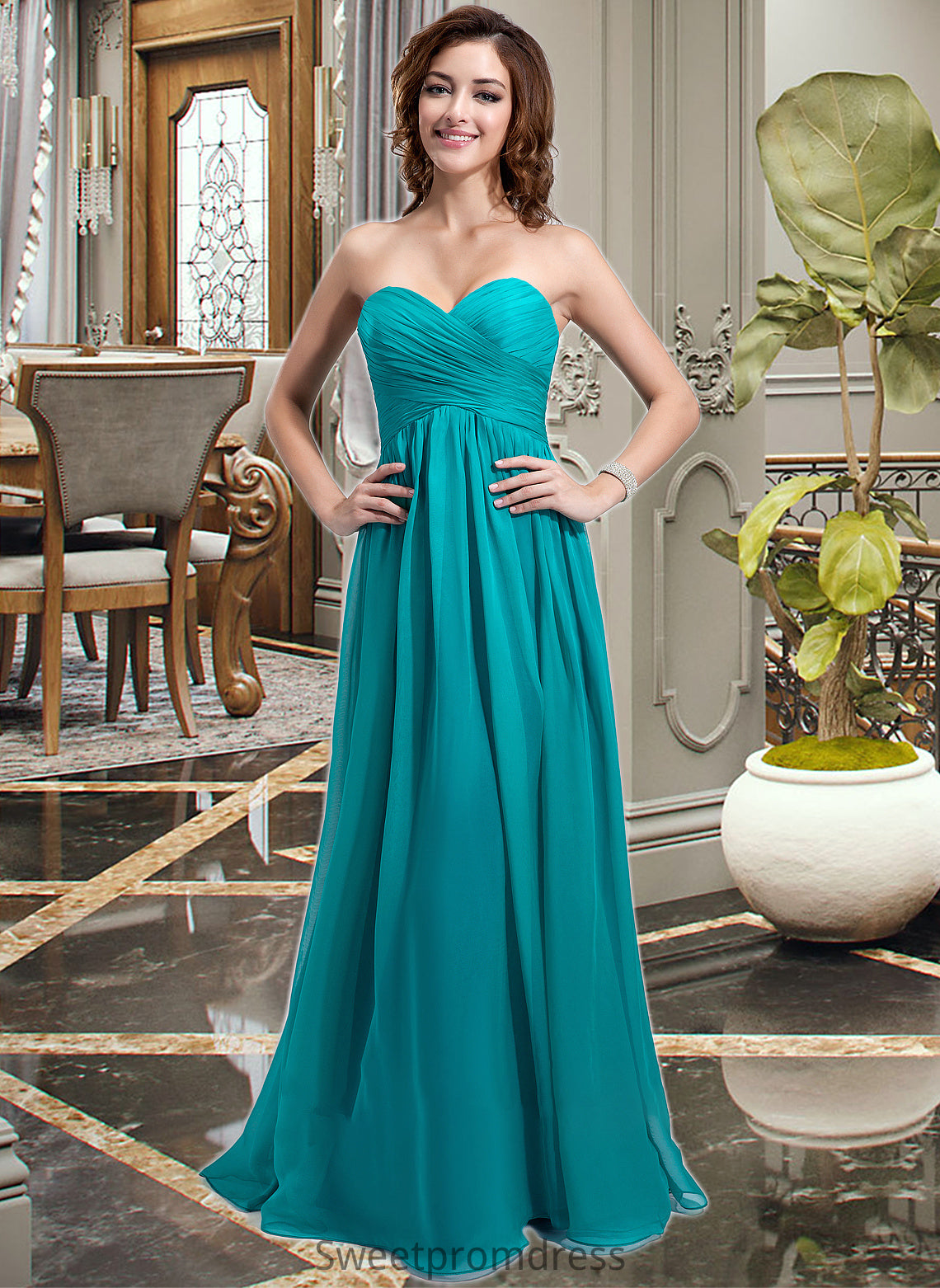 Paulina Chiffon Floor-length Empire Bridesmaid Dress with Sweetheart Neckline DHP0013137