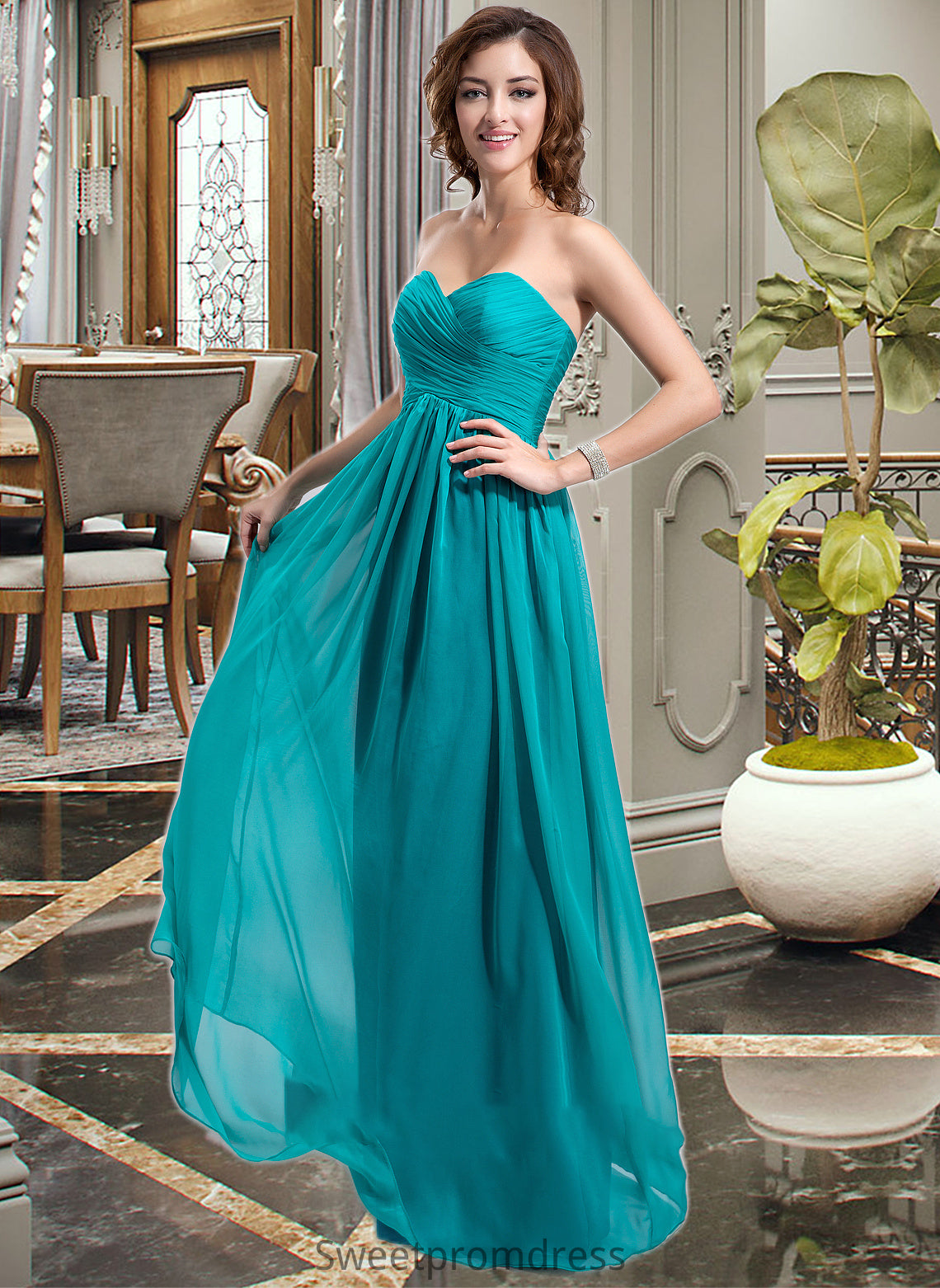 Paulina Chiffon Floor-length Empire Bridesmaid Dress with Sweetheart Neckline DHP0013137