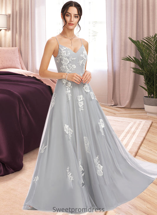 Esther A-Line V-neck Floor-Length Bridesmaid Dress With Lace DHP0013140