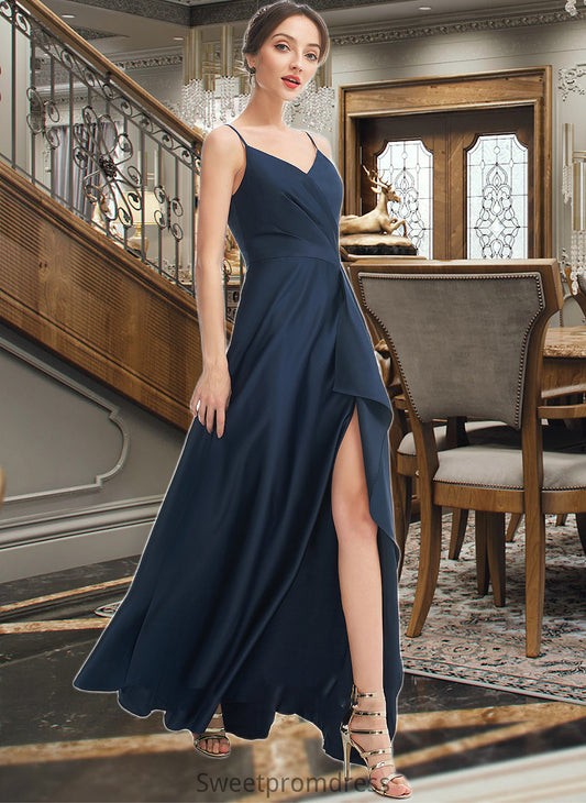 Alena A-Line V-neck Floor-Length Bridesmaid Dress With Split Front Pockets DHP0013142