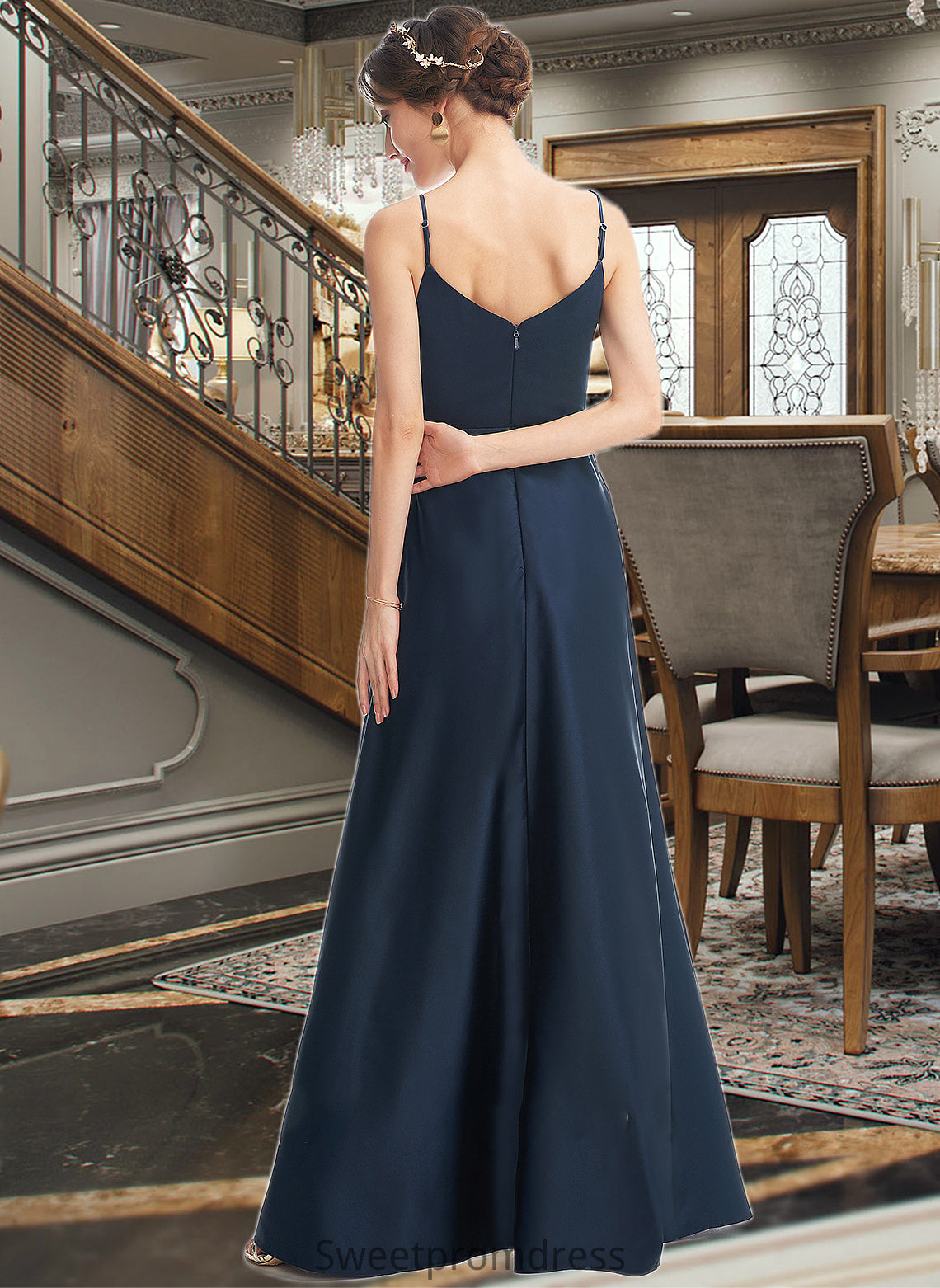 Alena A-Line V-neck Floor-Length Bridesmaid Dress With Split Front Pockets DHP0013142