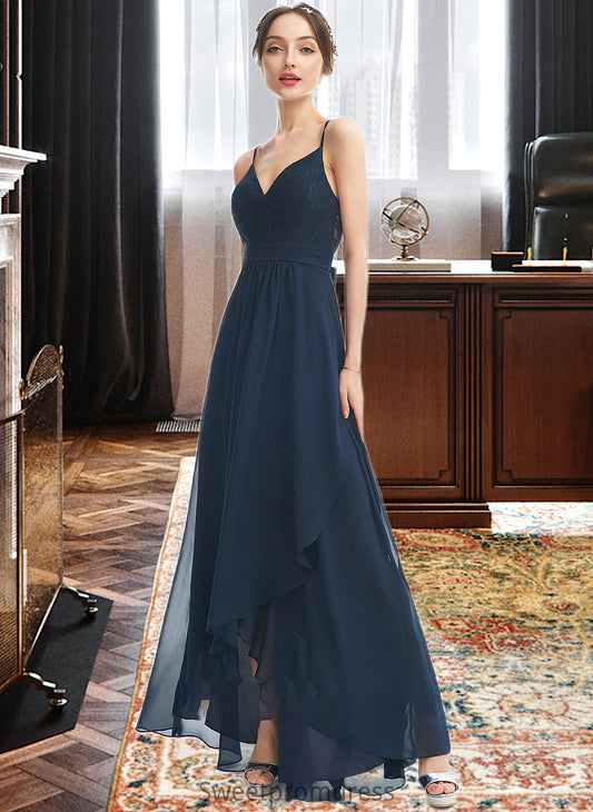 Sydnee A-Line V-neck Asymmetrical Bridesmaid Dress With Lace Bow(s) DHP0013143