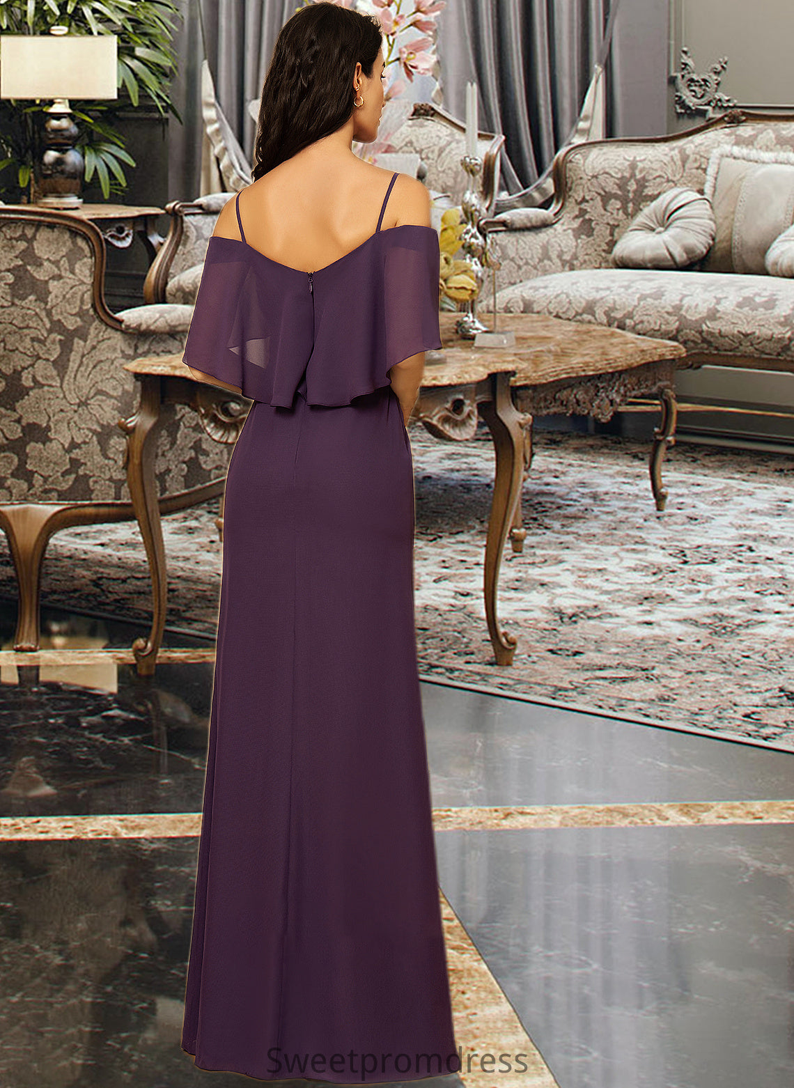 Jasmine Sheath/Column Off-the-Shoulder Floor-Length Chiffon Bridesmaid Dress With Split Front DHP0013144