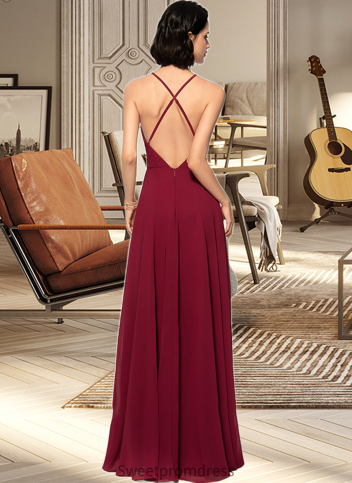 Madilynn A-Line Scoop Neck Square Neckline Floor-Length Chiffon Bridesmaid Dress DHP0013146