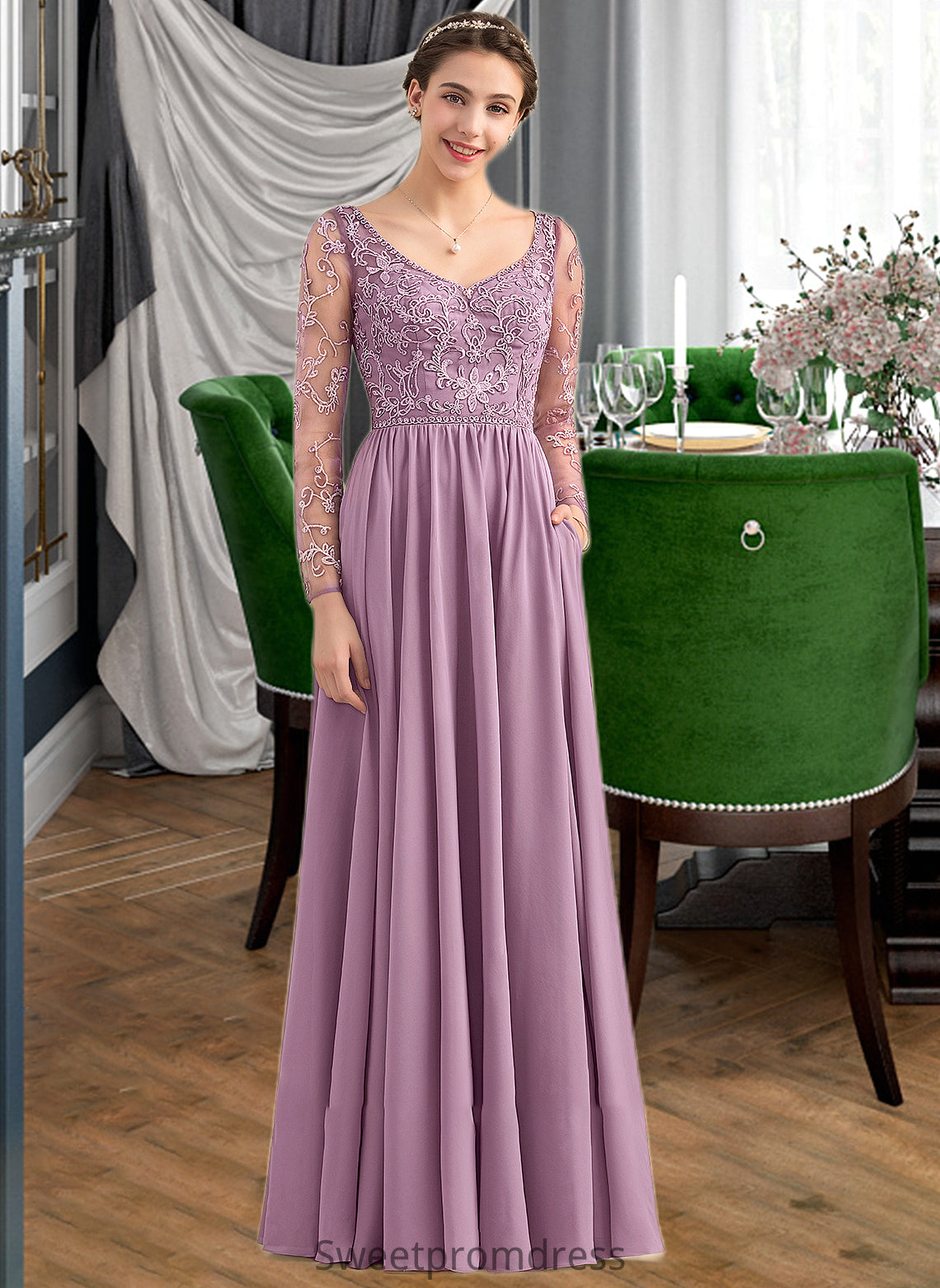 Heaven A-Line V-neck Floor-Length Chiffon Lace Bridesmaid Dress With Beading Pockets DHP0013147