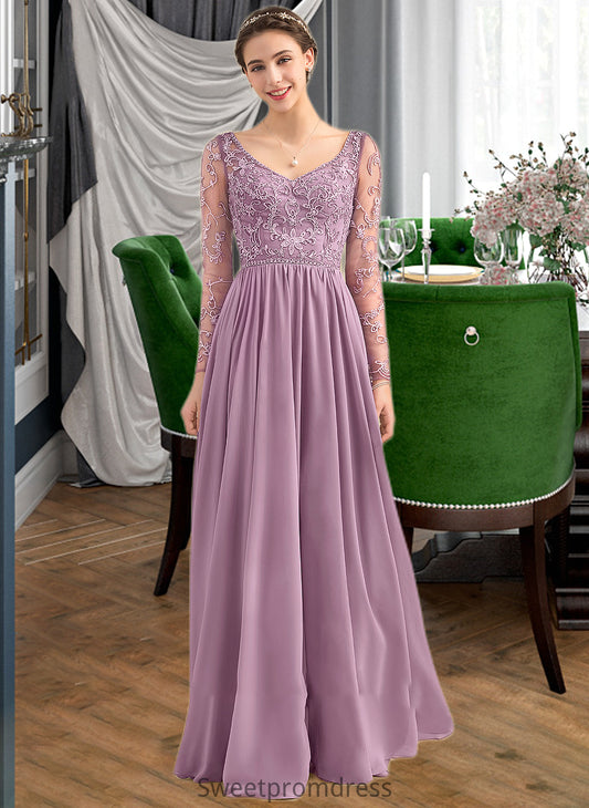 Heaven A-Line V-neck Floor-Length Chiffon Lace Bridesmaid Dress With Beading Pockets DHP0013147