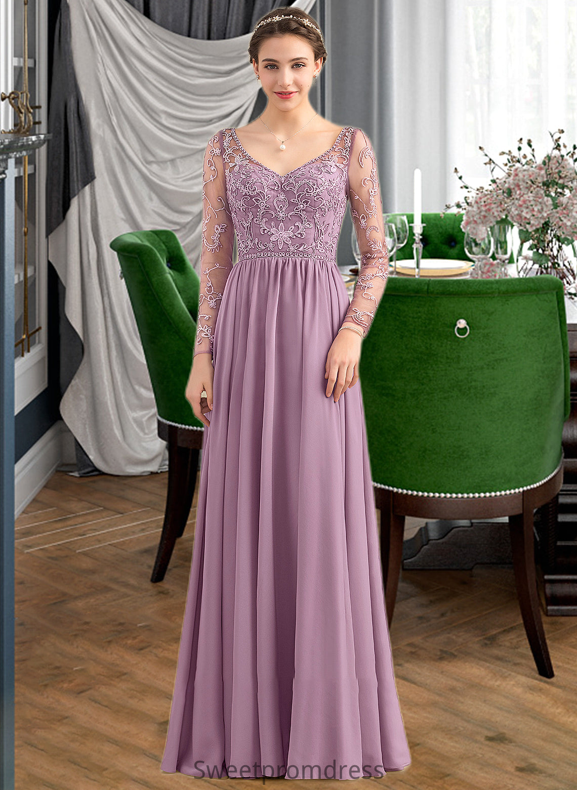 Heaven A-Line V-neck Floor-Length Chiffon Lace Bridesmaid Dress With Beading Pockets DHP0013147