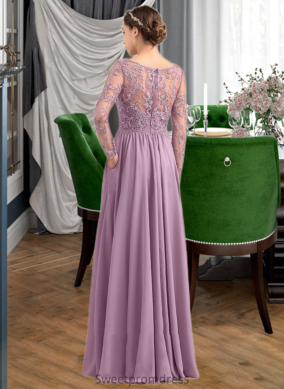 Heaven A-Line V-neck Floor-Length Chiffon Lace Bridesmaid Dress With Beading Pockets DHP0013147