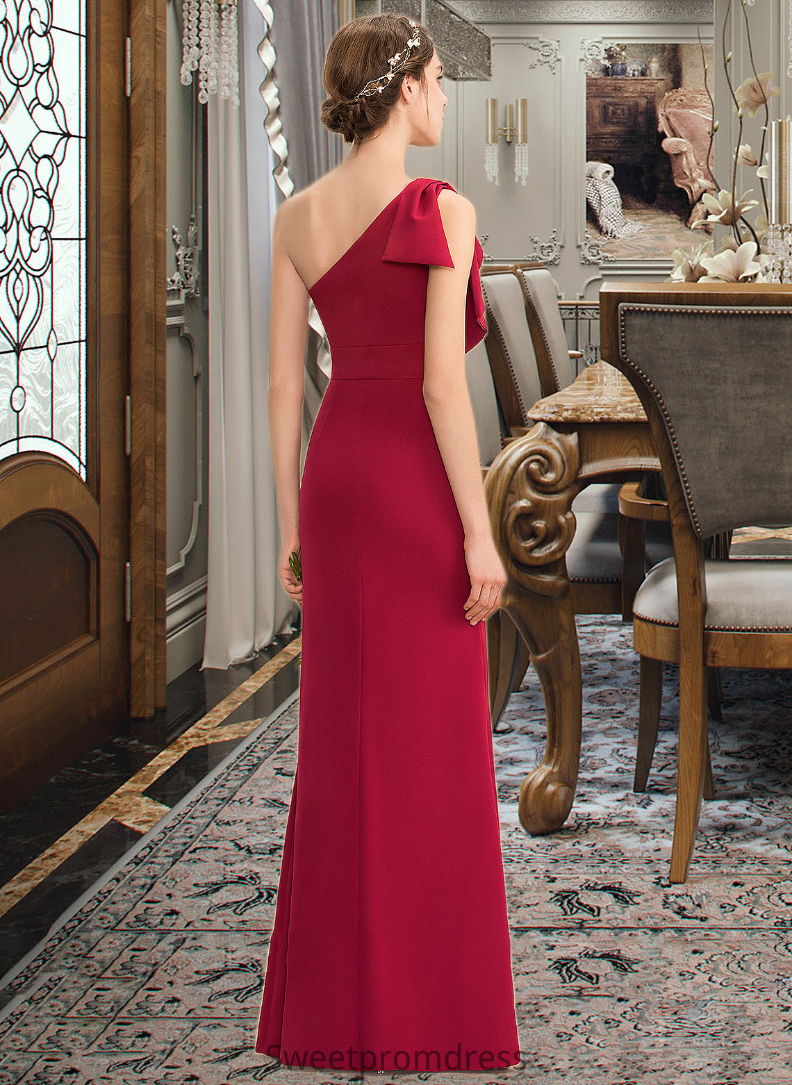 Cameron Sheath/Column One-Shoulder Floor-Length Stretch Crepe Bridesmaid Dress With Split Front DHP0013153