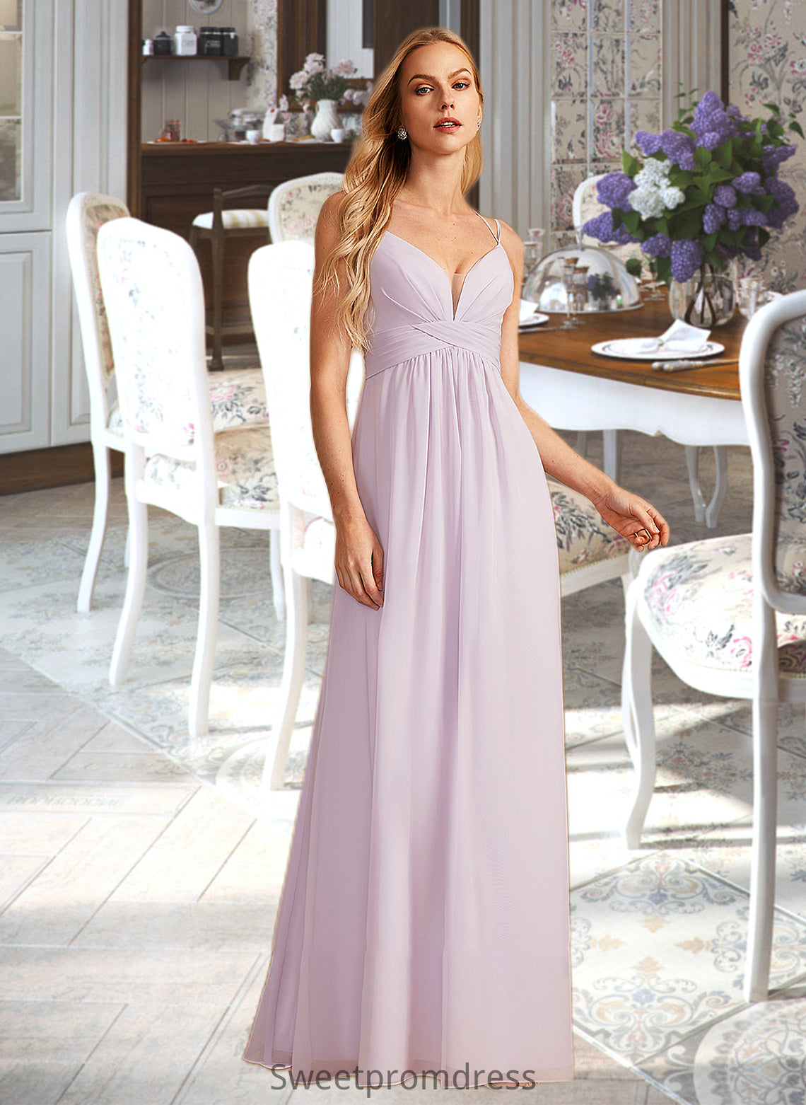 Kamryn A-Line V-neck Floor-Length Bridesmaid Dress With Ruffle DHP0013154