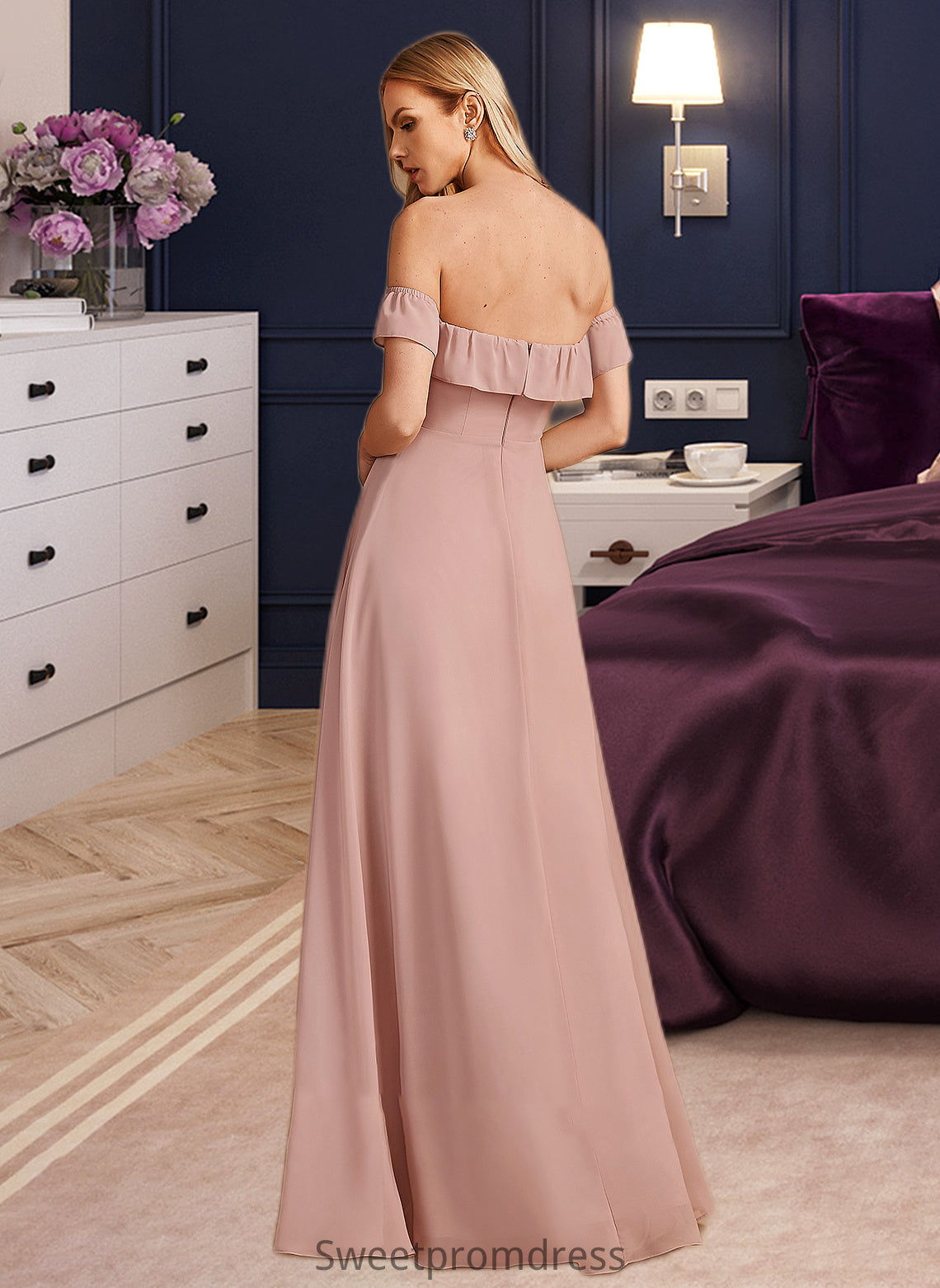 Frances A-Line Off-the-Shoulder Floor-Length Bridesmaid Dress With Ruffle DHP0013156