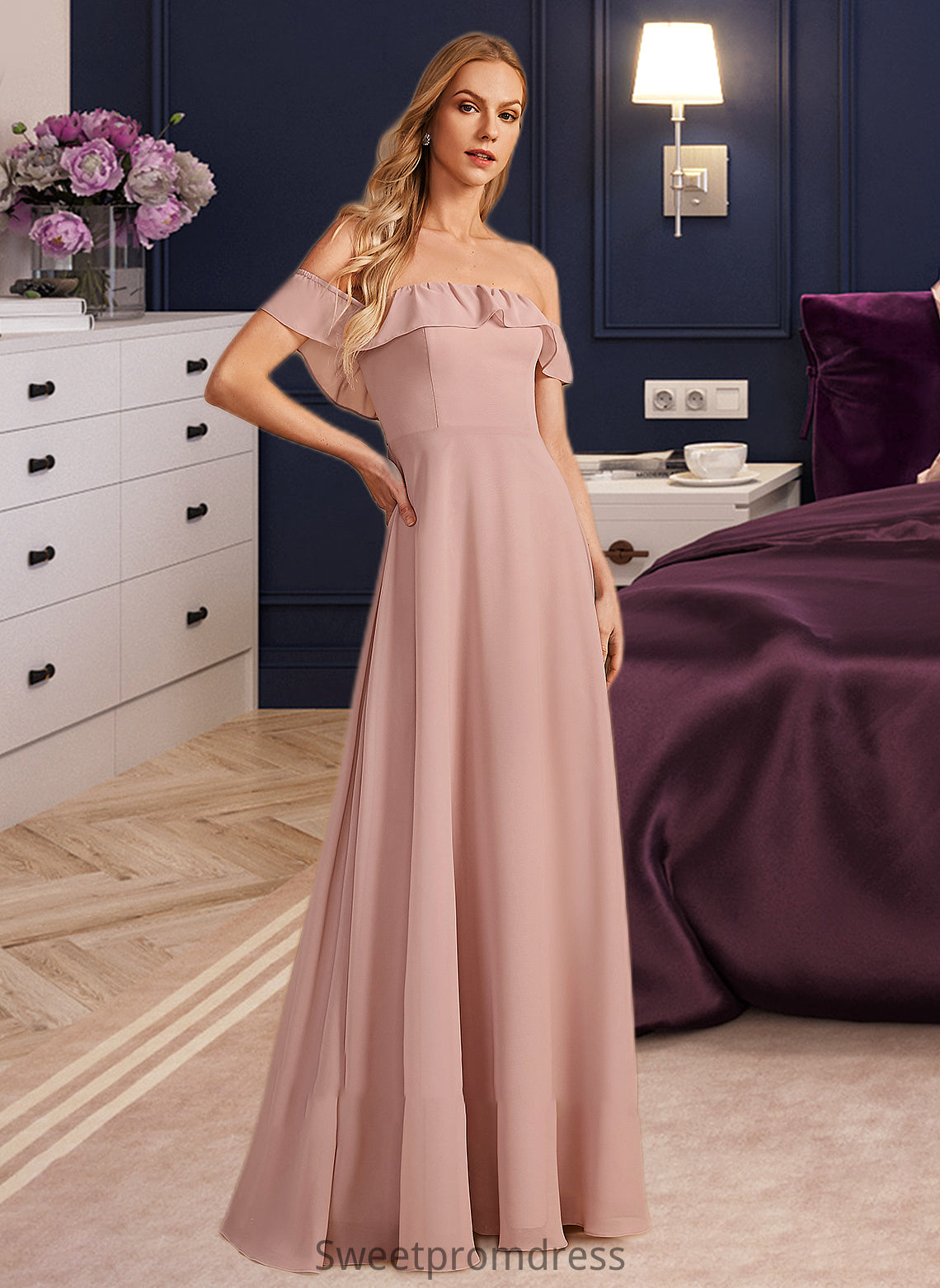 Frances A-Line Off-the-Shoulder Floor-Length Bridesmaid Dress With Ruffle DHP0013156