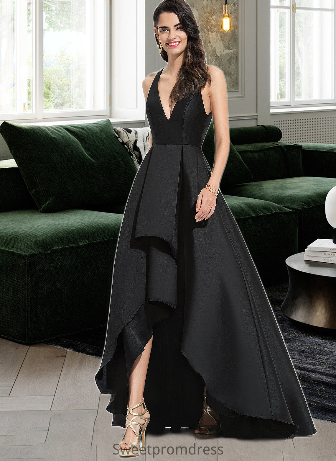 Rylie Ball-Gown/Princess V-neck Asymmetrical Satin Bridesmaid Dress With Cascading Ruffles DHP0013157