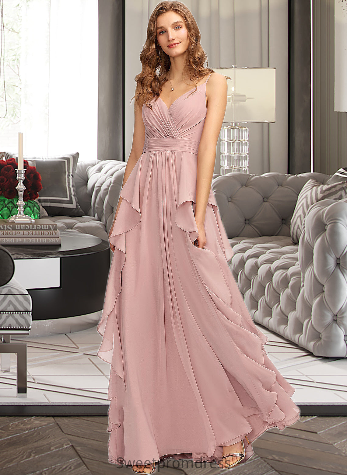 Charlie A-Line V-neck Floor-Length Chiffon Bridesmaid Dress With Ruffle Cascading Ruffles DHP0013161