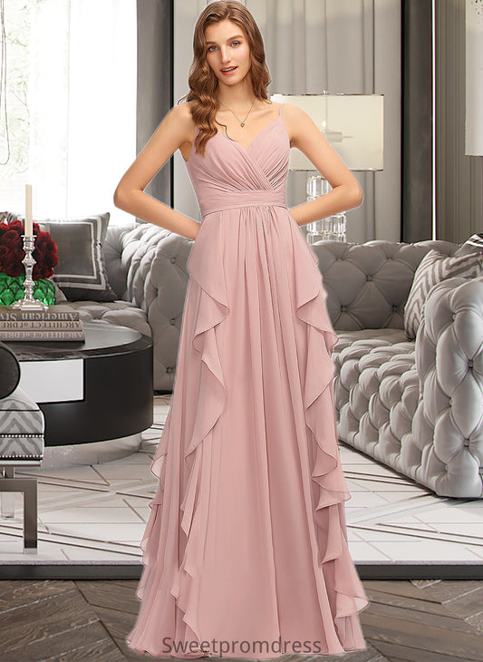 Charlie A-Line V-neck Floor-Length Chiffon Bridesmaid Dress With Ruffle Cascading Ruffles DHP0013161